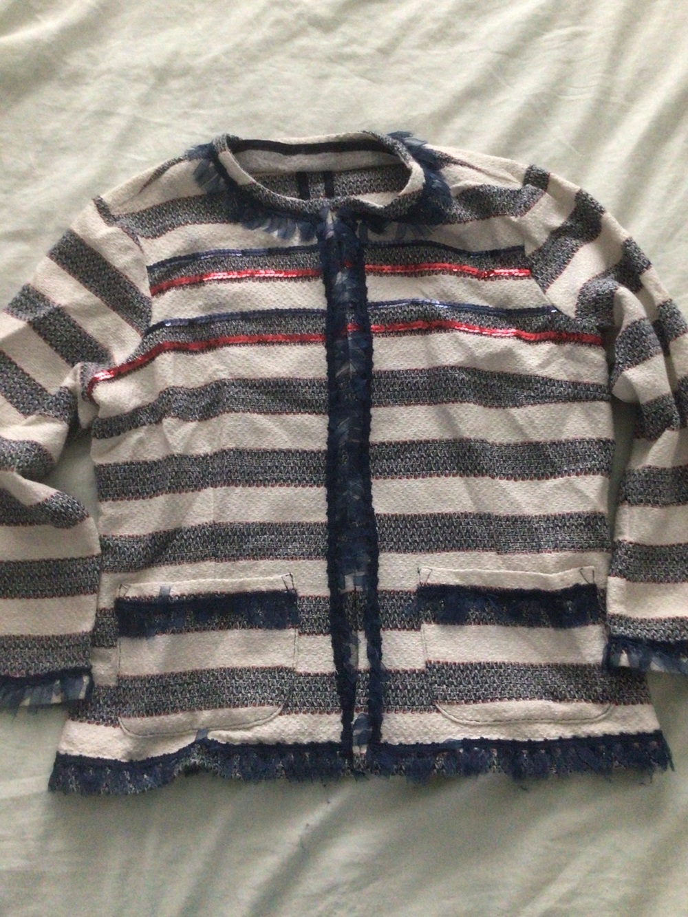 Rinascimento Italy Tweed Jacket Size M Nautical Striped Sequin Fringe Blazer